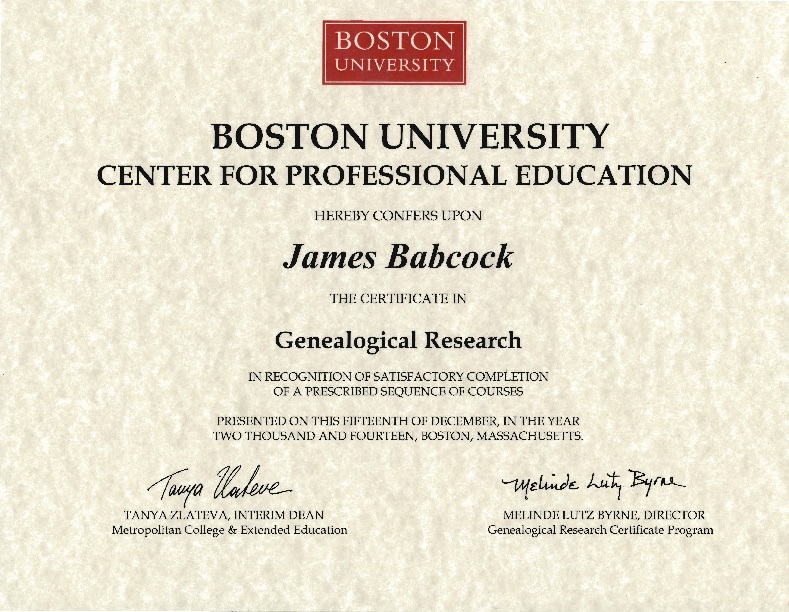 Boston University Certificate Genealogical Research